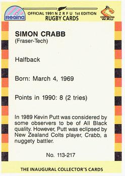 1991 Regina NZRFU 1st Edition #113 Simon Crabb Back
